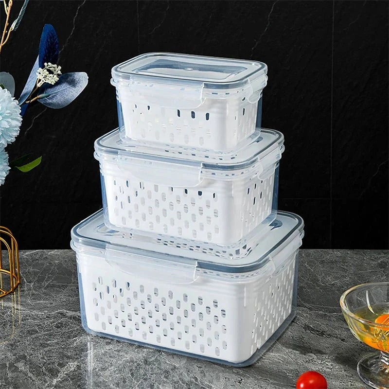 Caixa Organizadora para Geladeira com Cesta de Drenagem - Ideal para Frutas, Legumes e Despensa