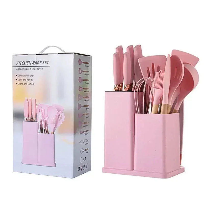 Kitchen Set Lux - Conjunto de Utensílios de Cozinha 19 Peças - Antiaderente com Cabos de Madeira