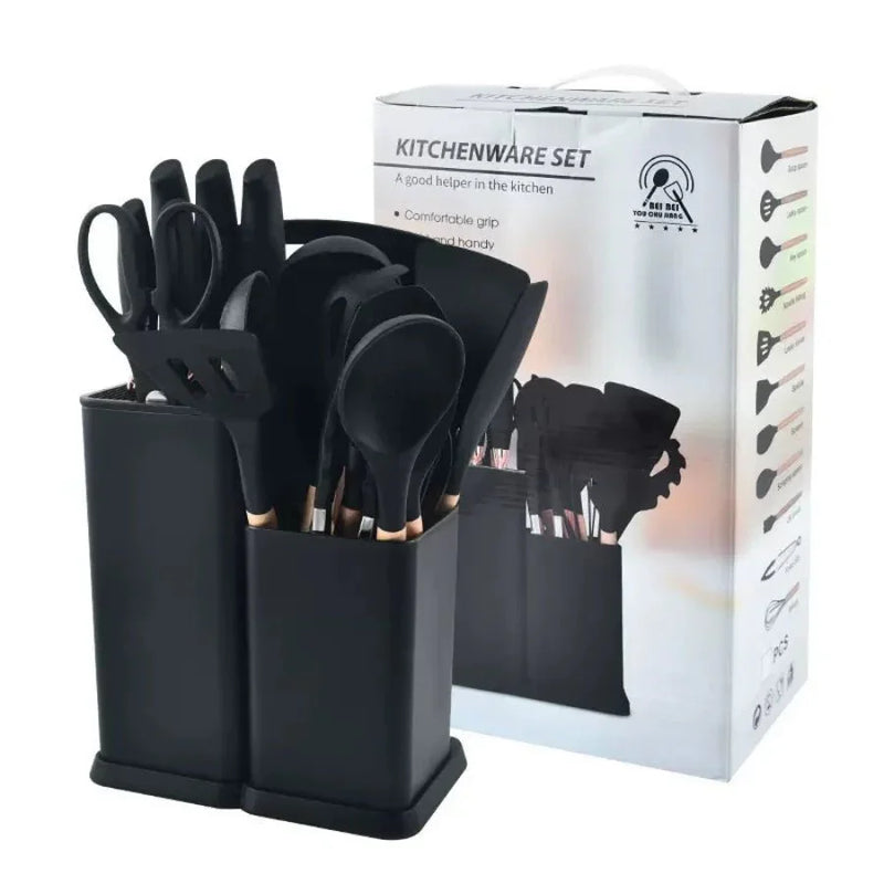 Kitchen Set Lux - Conjunto de Utensílios de Cozinha 19 Peças - Antiaderente com Cabos de Madeira